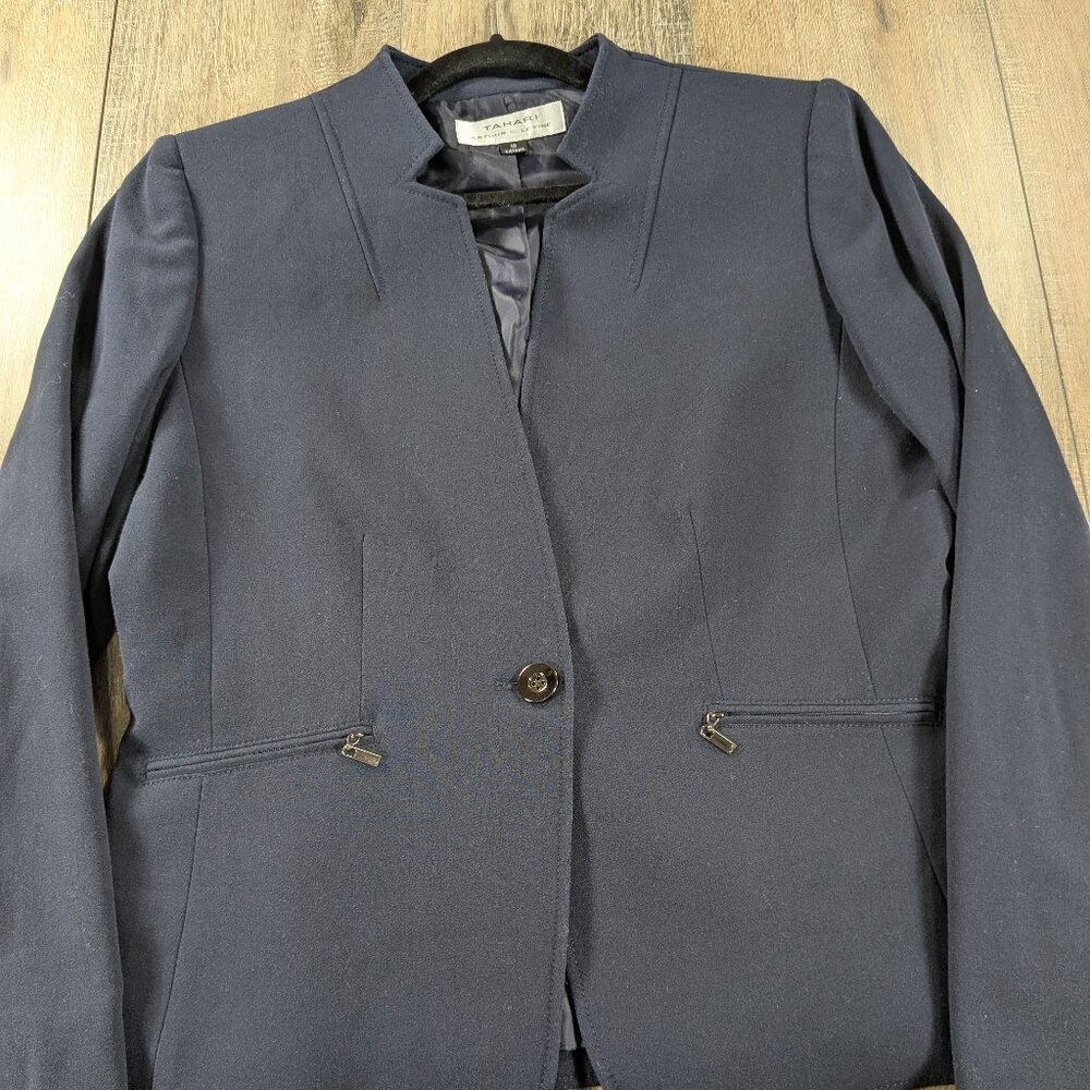 Tahari Blazer Jacket Womens 10 Blue Long Sleeve Zip Pockets Preppy Office